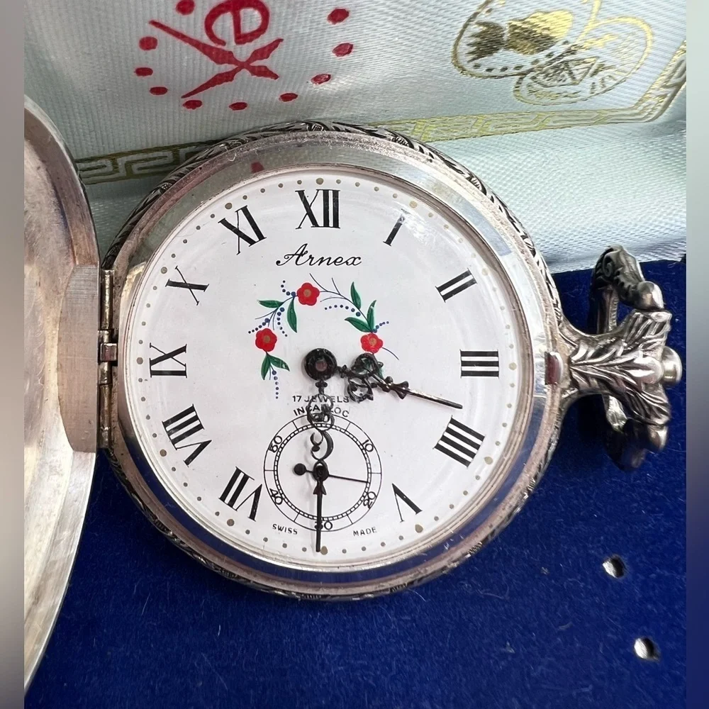 Vintage Arnex 17J Swiss Pocket Watch Dog Bird Scene